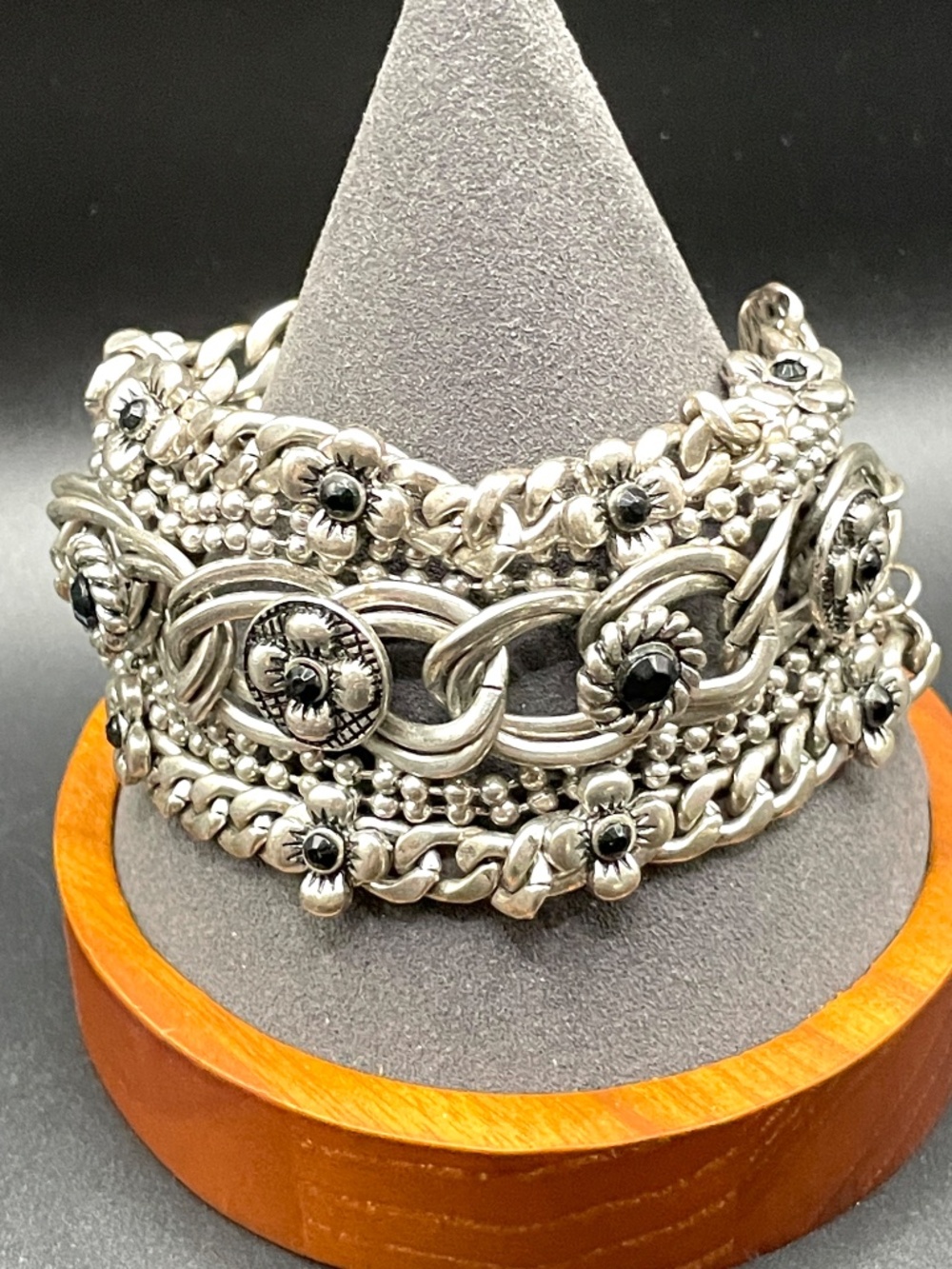 Wide Silver Tone Intricate Link Black Rhinestone Bracelet Up to 8 3/4"